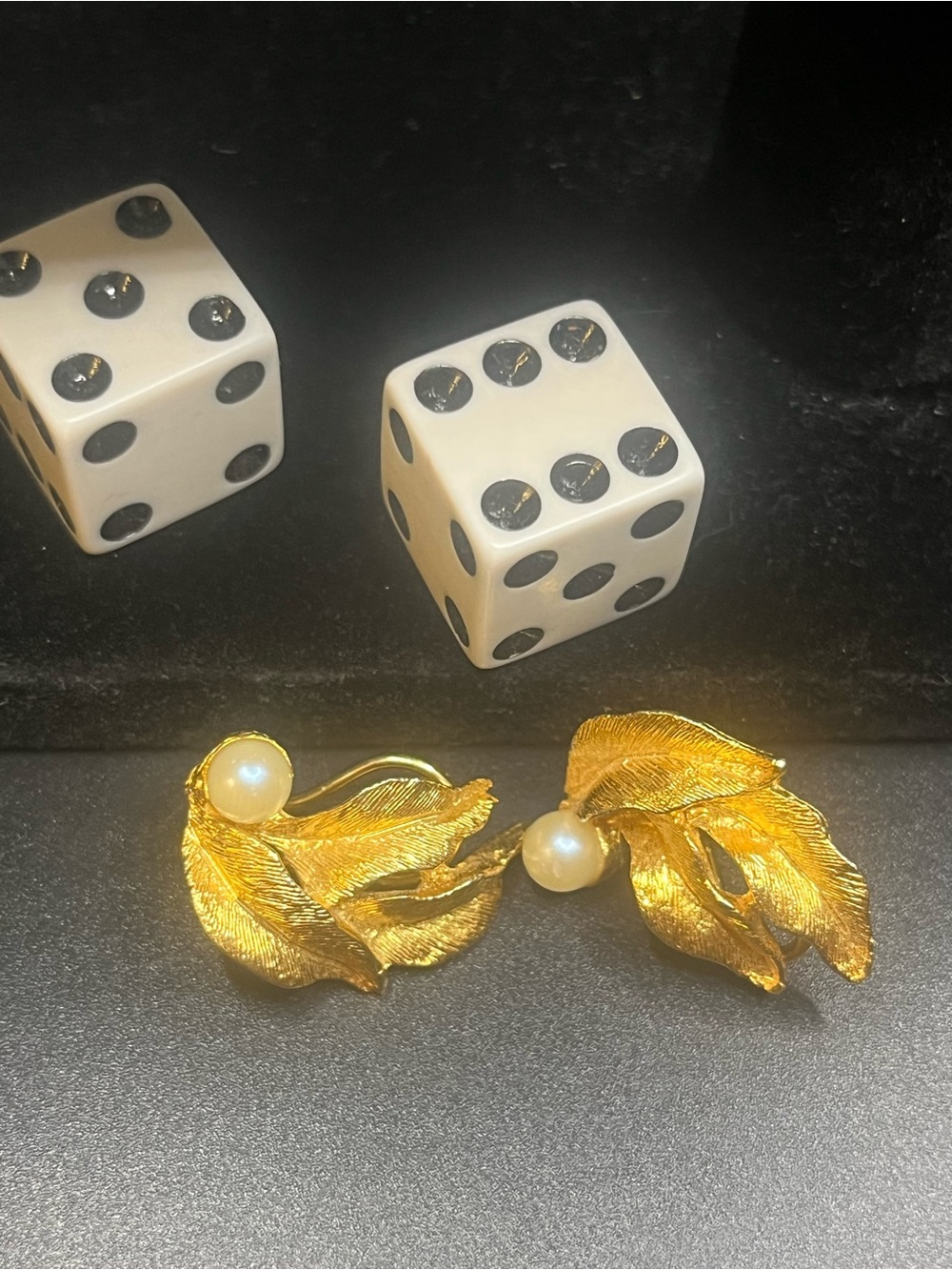 Vintage BSK Gold Tone Leaf Faux Pearl Clip On Earrings Signed Mid Century